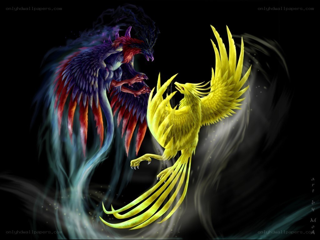 Two mythical birds in combat