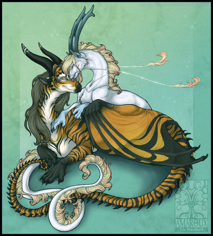 two mythical creatures embracing
