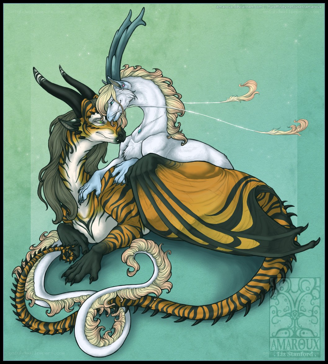 two mythical creatures embracing