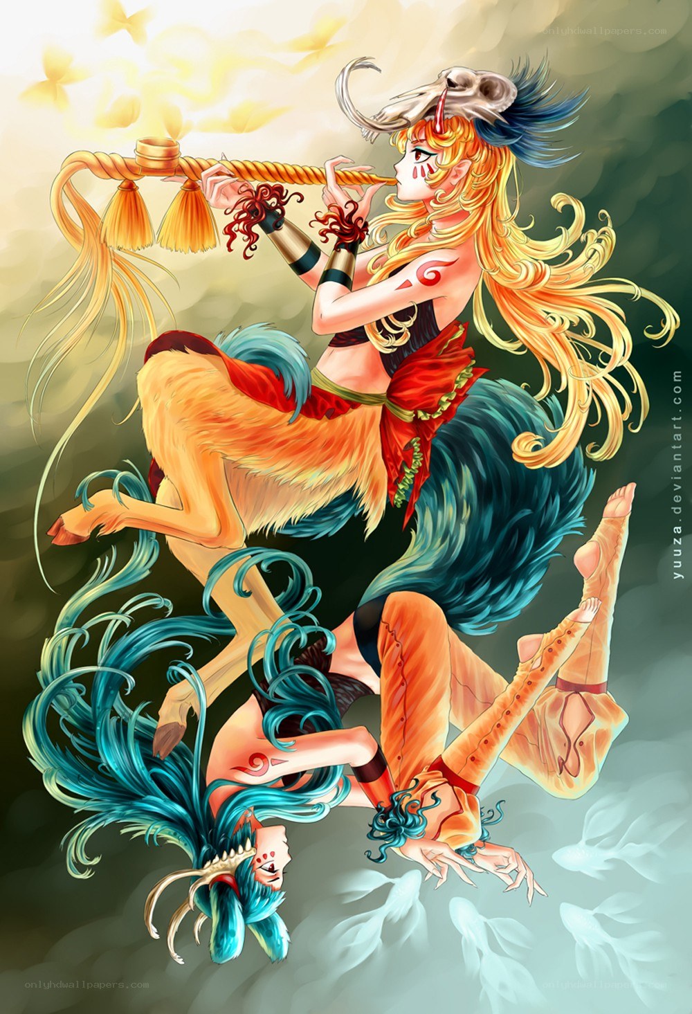 Two mythical figures dancing