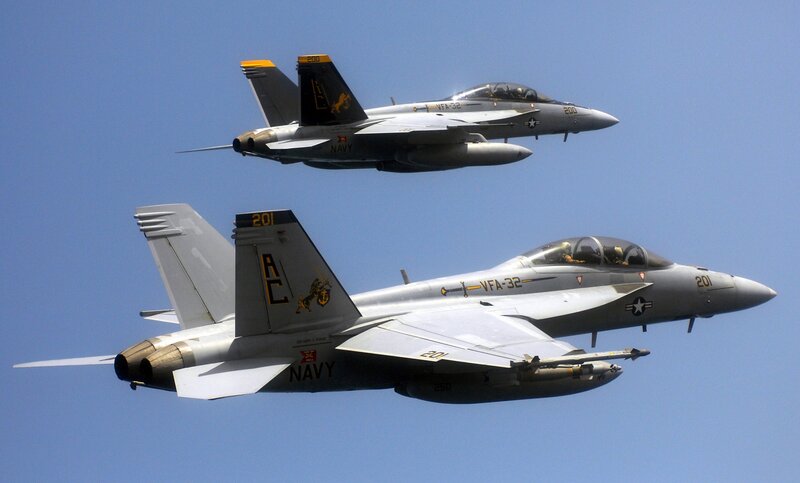 Two Navy fighter jets in formation