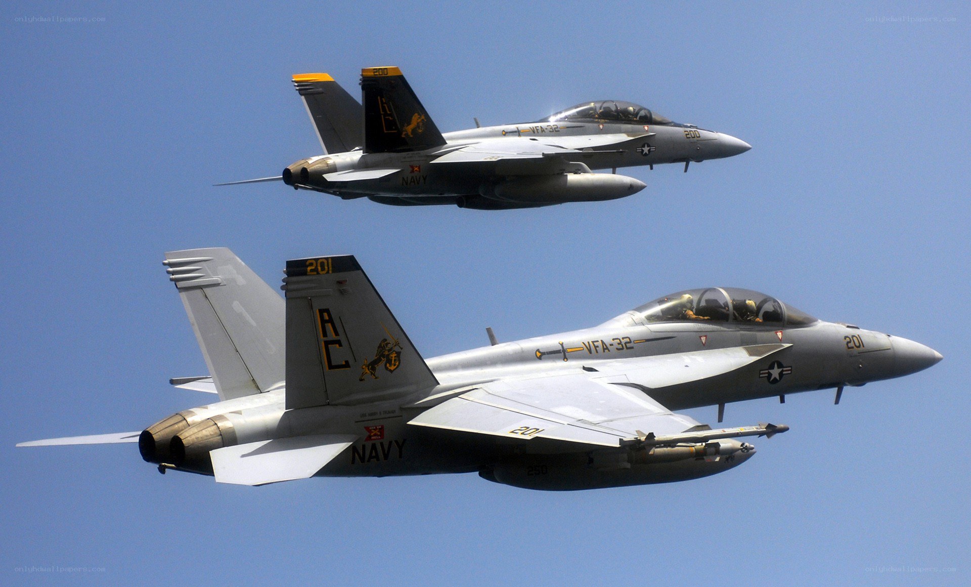 Two Navy fighter jets in formation
