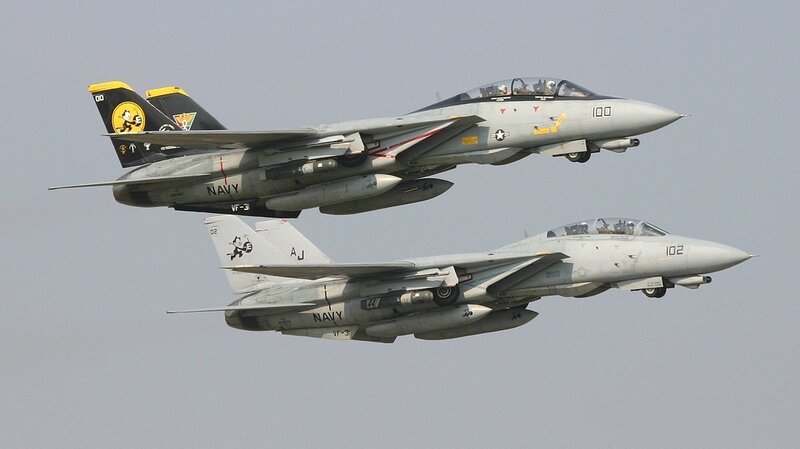 Two Navy fighter jets in formation