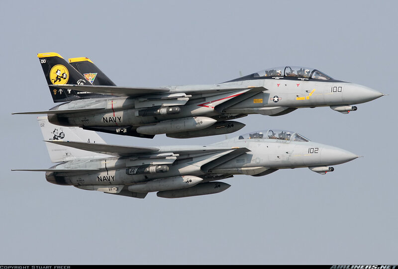 Two Navy fighter jets in formation