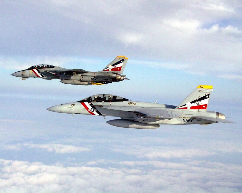 Two Navy fighter jets in formation