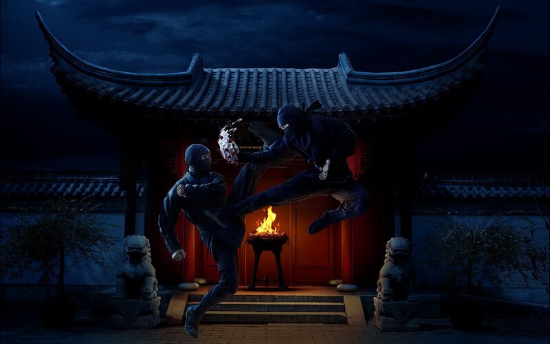 Two Ninjas Fighting — Blue, Dramatic