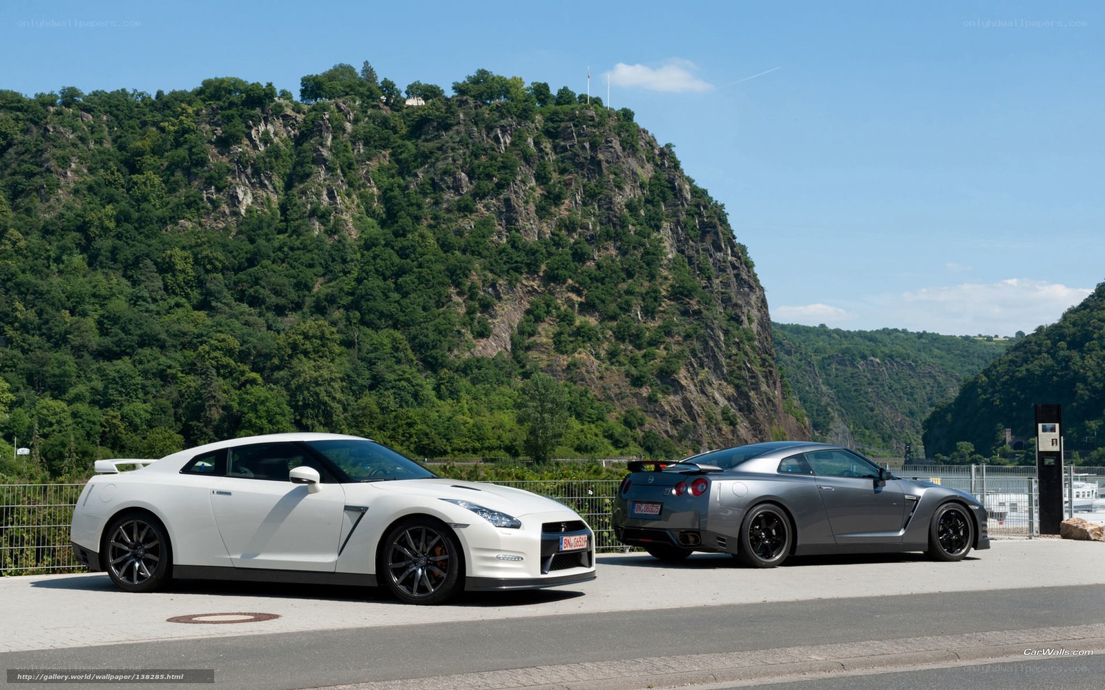 Two Nissan GT-Rs on a scenic overlook