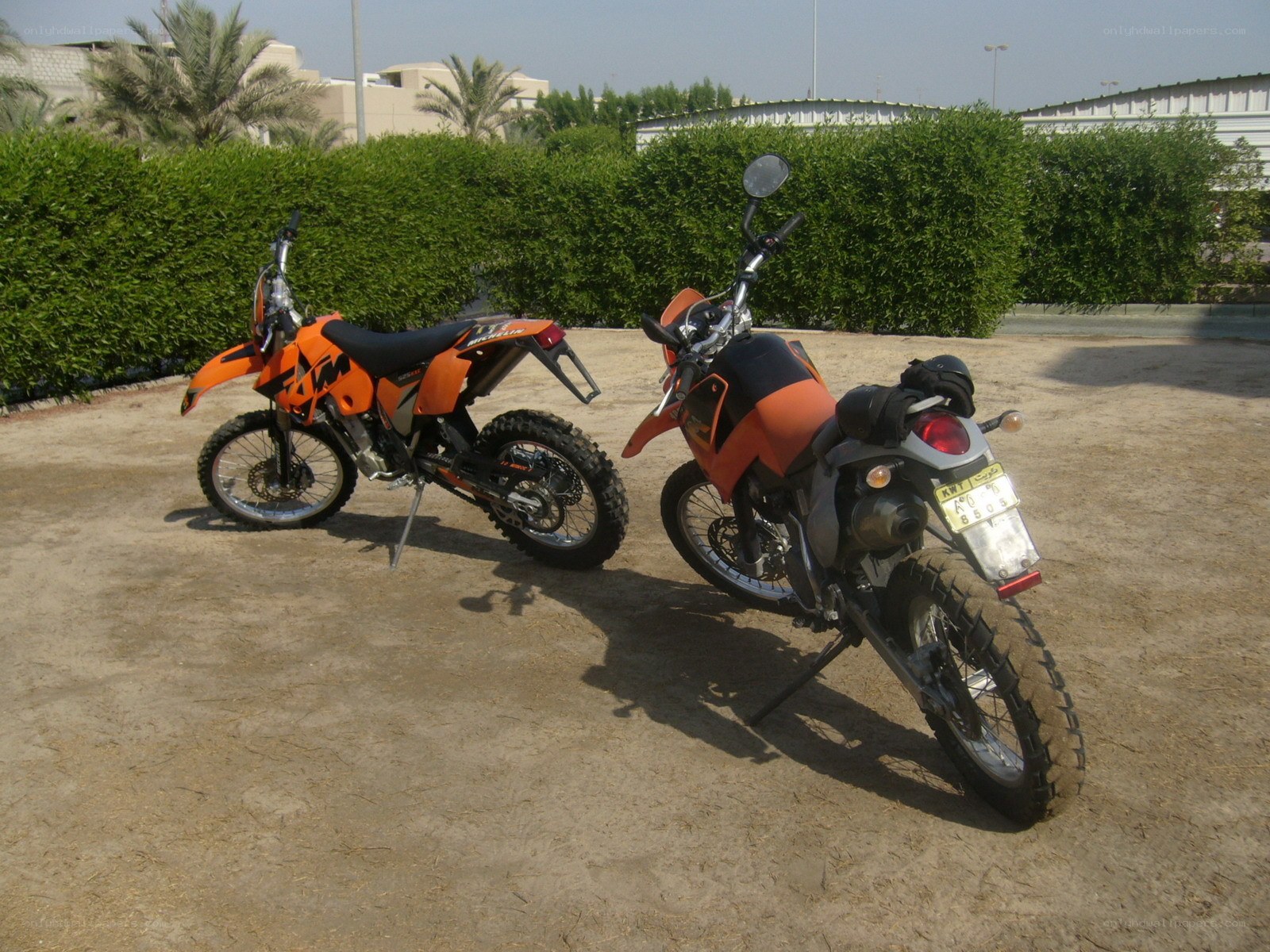 Two orange dirt bikes parked