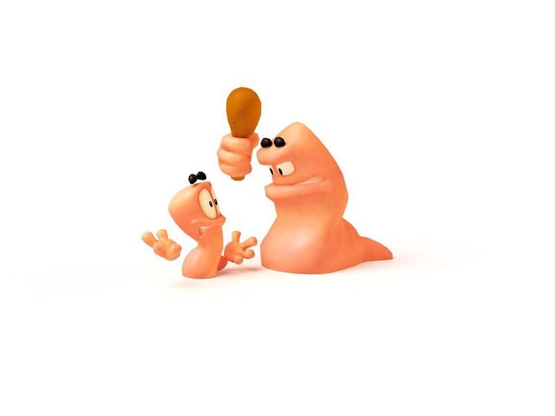 Two orange worms with a drumstick