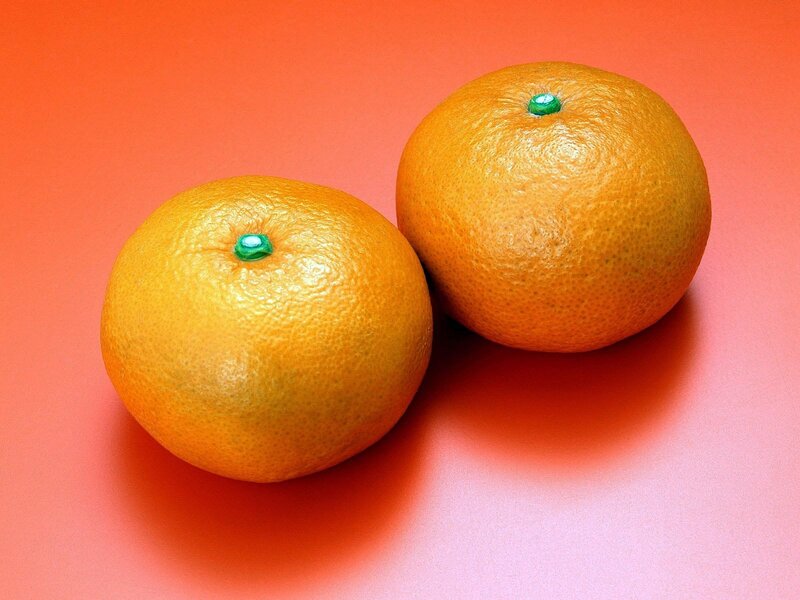 Two oranges on red surface