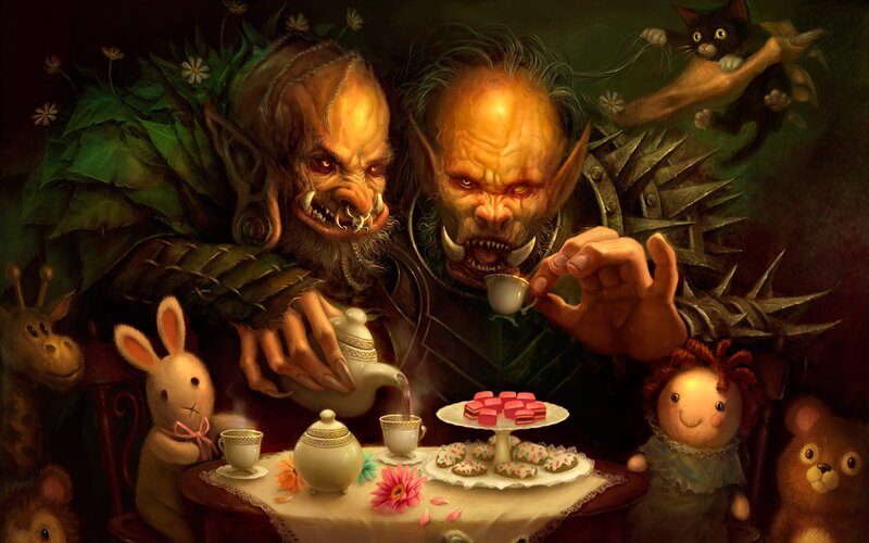 Two Orcs at Tea Party — Green, Dramatic
