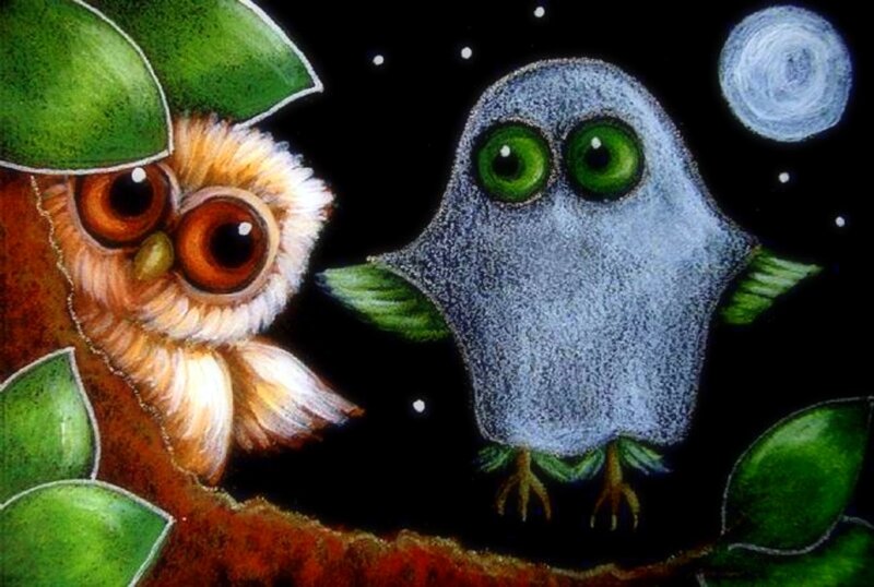 Two Owls at Night — Green