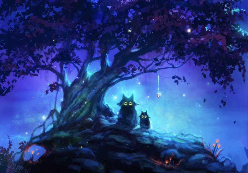 Two Owls in Tree — Blue