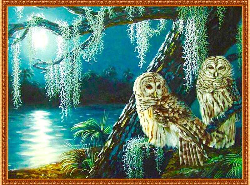 Two Owls on a Branch — Blue, Serene, Night, Painting