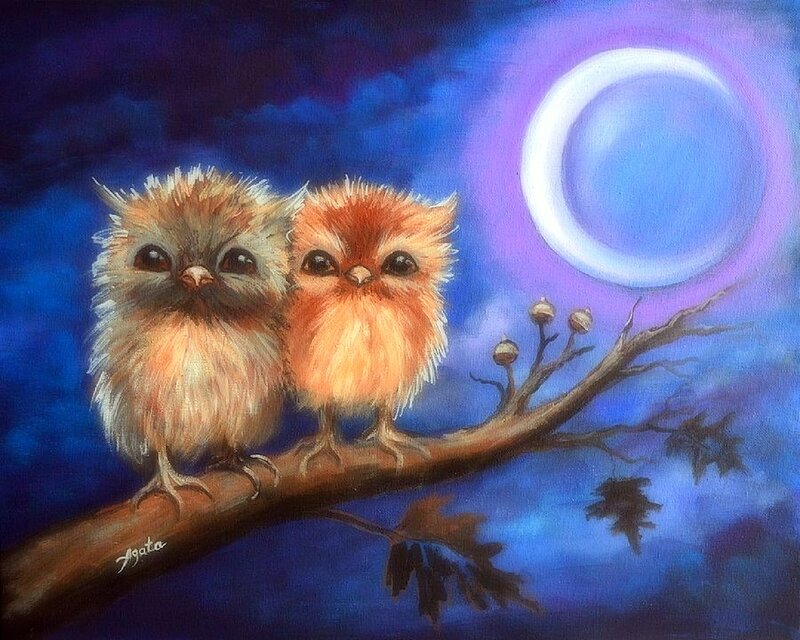 Two Owls on a Branch — Blue, Serene, Night