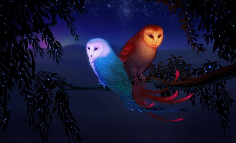 Two Owls on a Branch — Blue