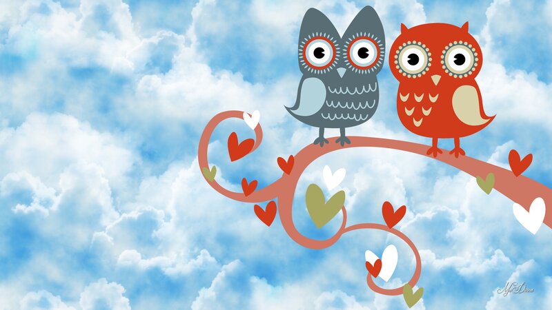 Two Owls on a Branch — Blue, Whimsical