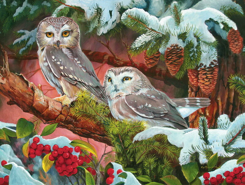 Two Owls on a Branch — Green, Serene