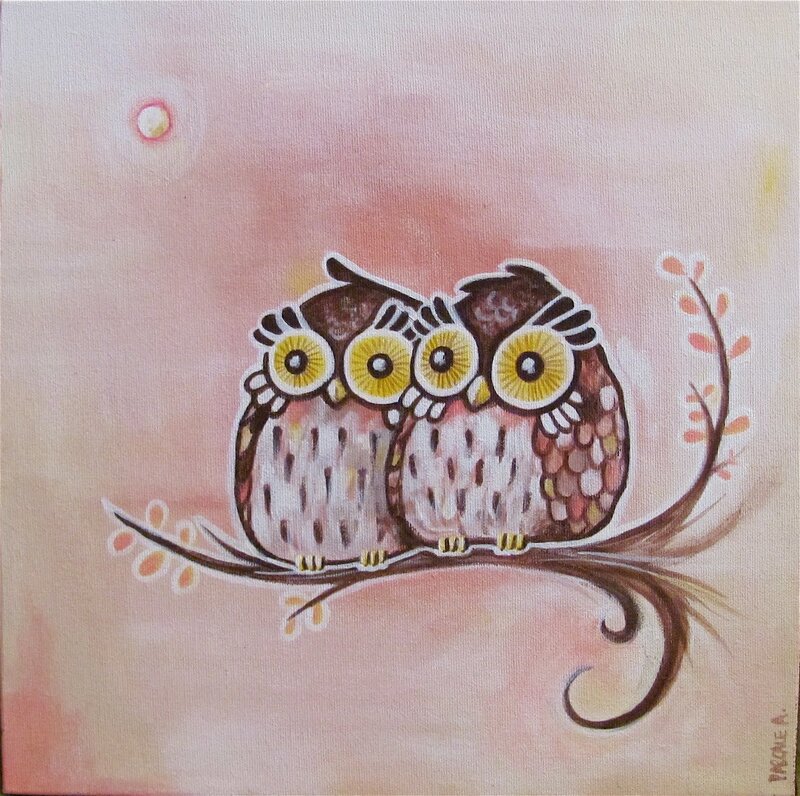 Two Owls on a Branch — Pink, Calm