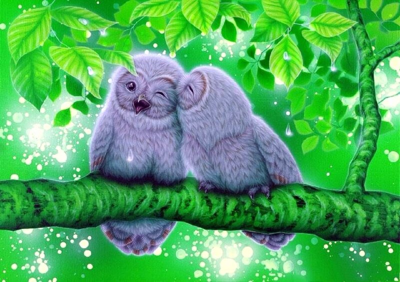 Two Owls on Branch — Green, Serene, Digital Art