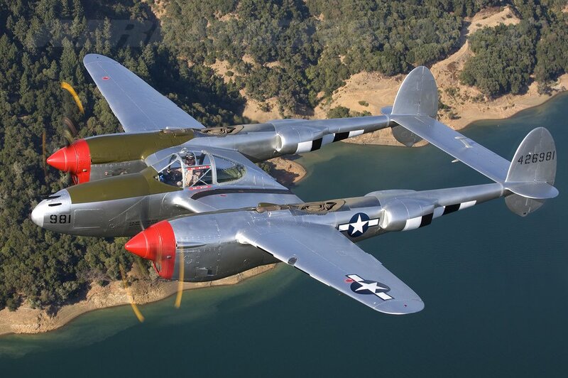 Two P-38 Lightning Planes — Silver, Aerial