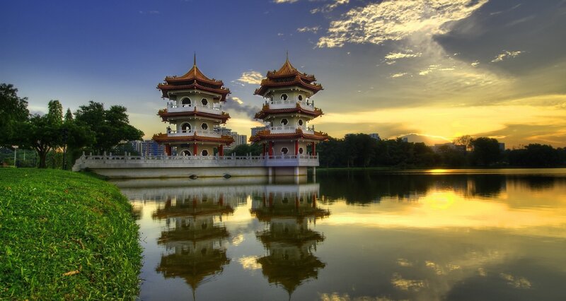 Two Pagodas on Lake — Blue, Serene