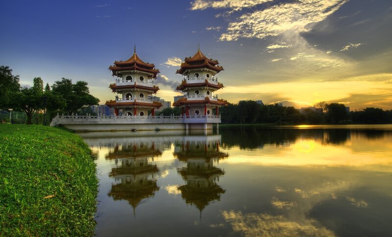 Two Pagodas on Lake — Blue