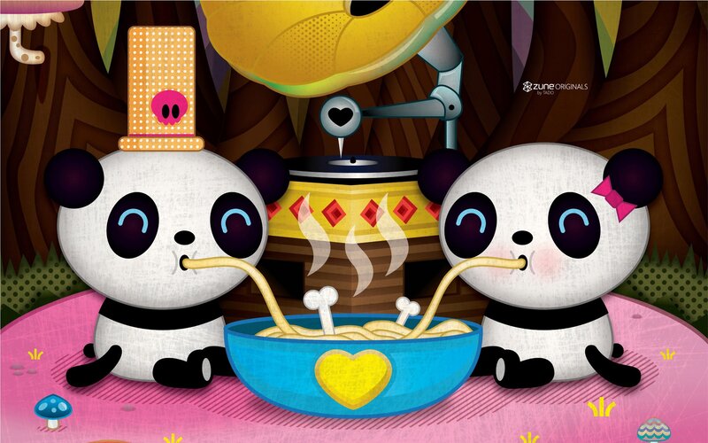 Two Pandas Eating Noodles