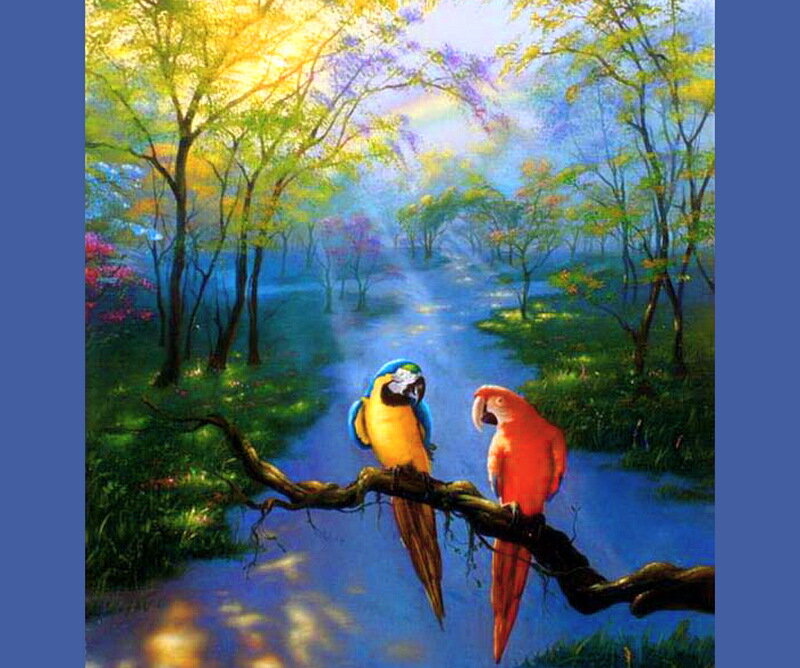 Two Parrots on a Branch — Blue, Serene, Morning