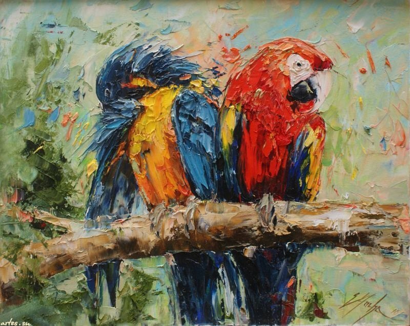 Two Parrots on a Branch — Red, Vibrant