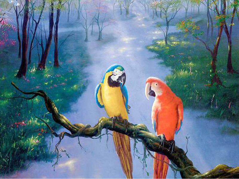 Two Parrots on Branch — Blue