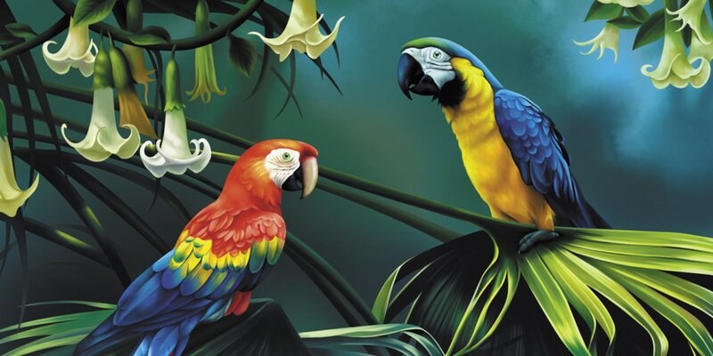 Two Parrots on Branch — Green, Serene, Digital Art