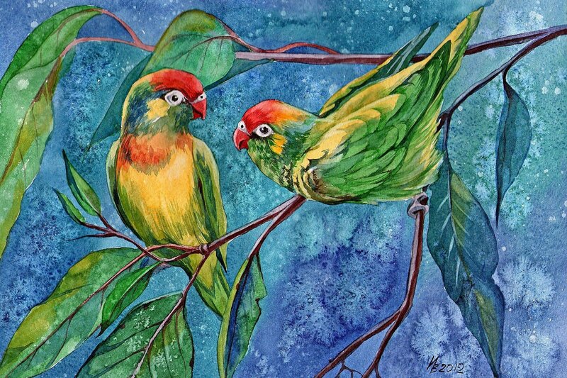 Two Parrots on Branch — Green, Serene, Painting, Leaves