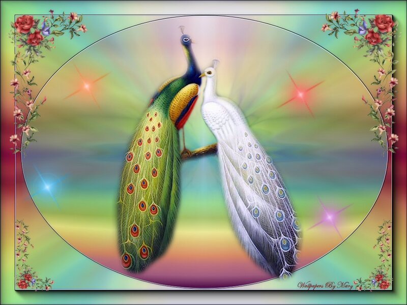 Two Peacocks on a Branch — Green, Serene, Digital Art
