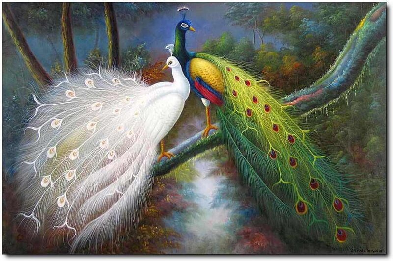 Two Peacocks on Branch — Green, Serene