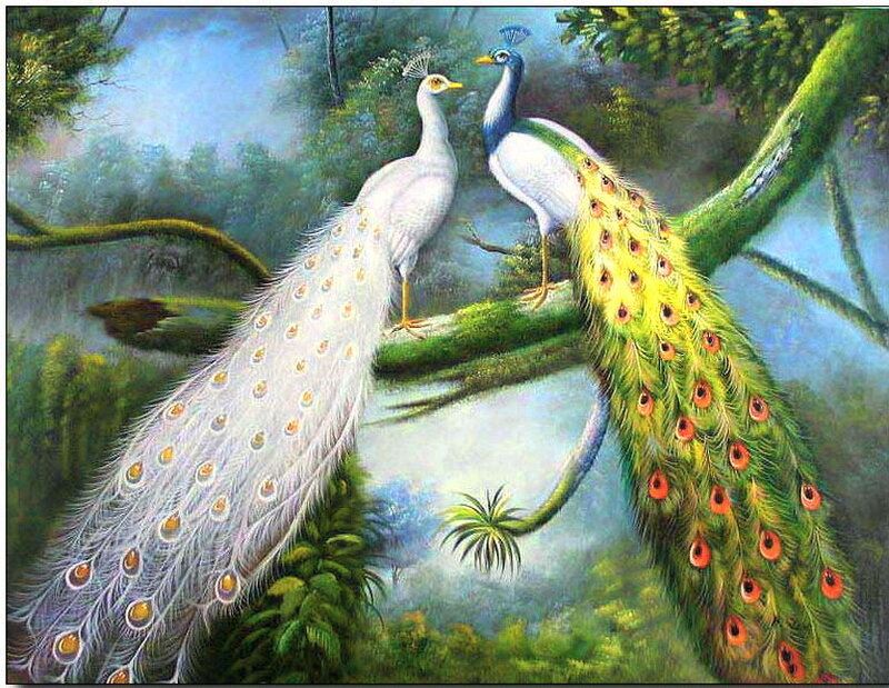 Two Peacocks on Branch — Green