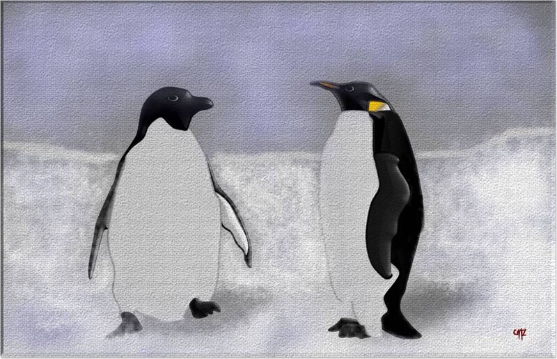 Two Penguins in Snow — White