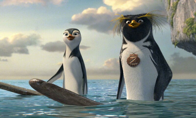 Two Penguins in Water — Blue