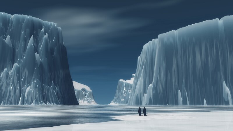 Two Penguins on Ice — Blue, Cold, Winter, 3d Render, Icebergs, Snow, Sky