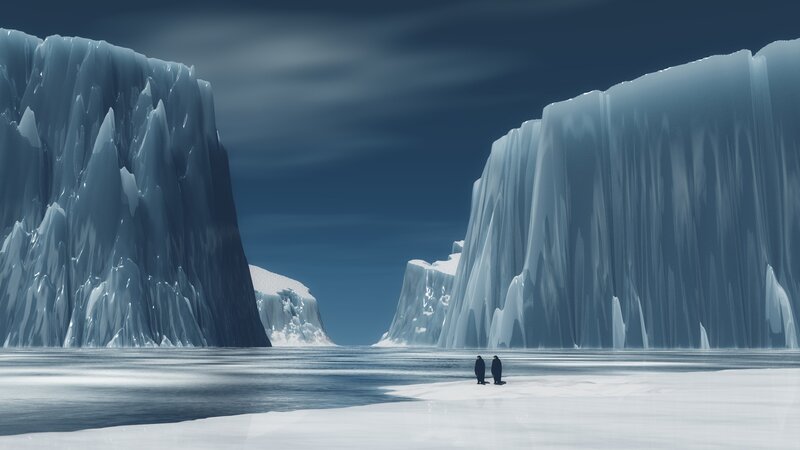 Two Penguins on Ice — Blue, Cold, Winter, 3d Render, Icebergs, Snow