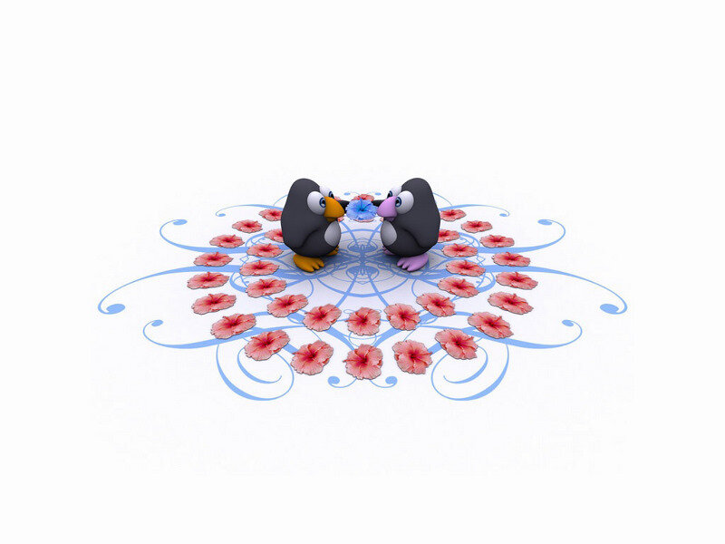 two penguins with flowers