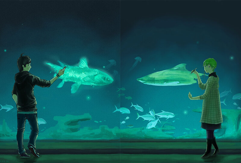 Two People at Aquarium — Green