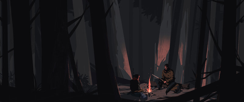 Two People at Campfire — Black