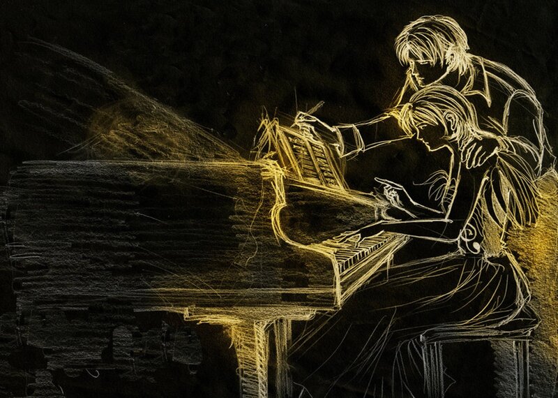 Two People at Piano — Yellow