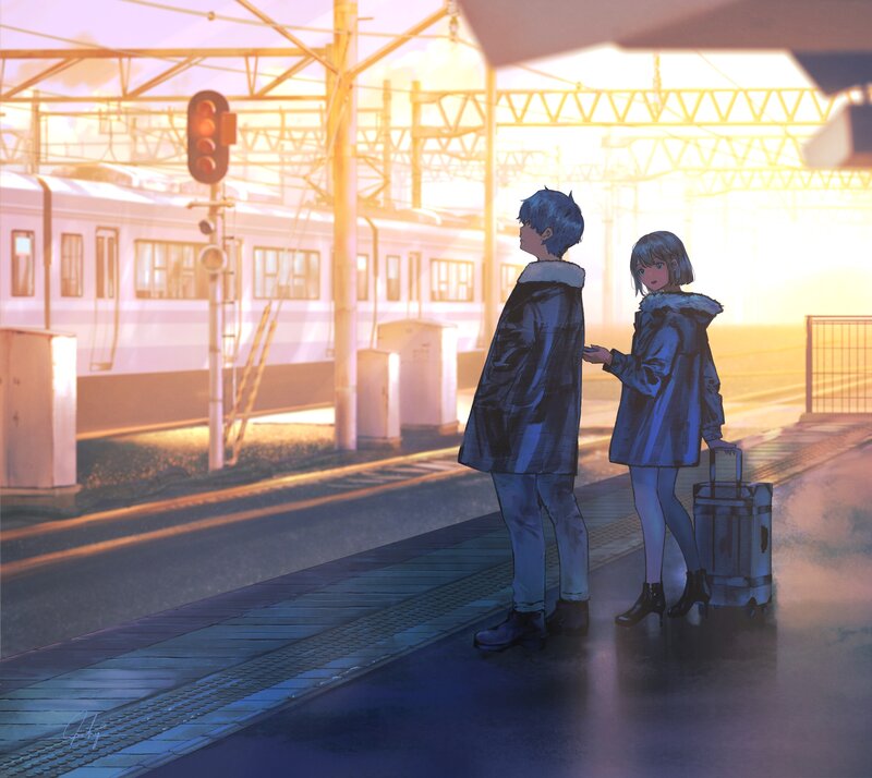 Two People at Train Station — Blue