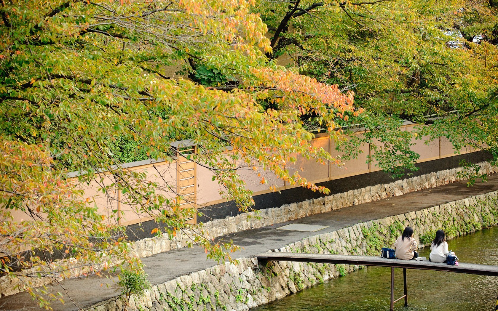 Two people by a river in autumn