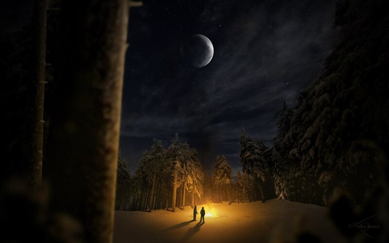 Two People by Campfire — Black, Serene, Night