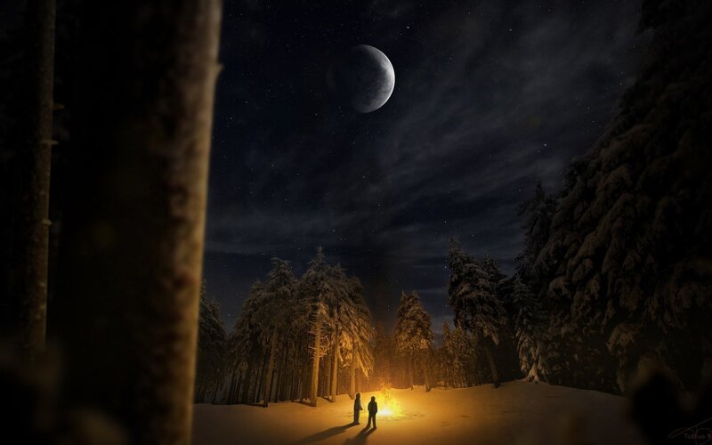 Two People by Campfire — Black, Serene