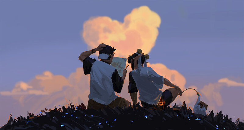 Two People Drawing on Hill