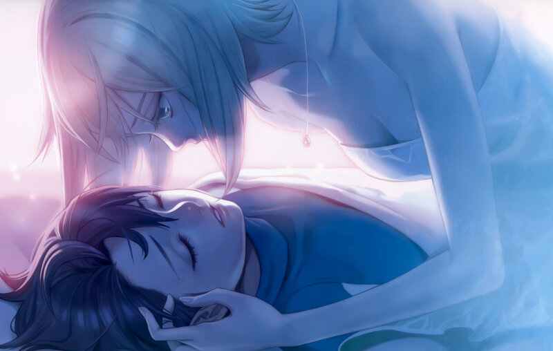 Two People Embracing — Blue, Serene, Night